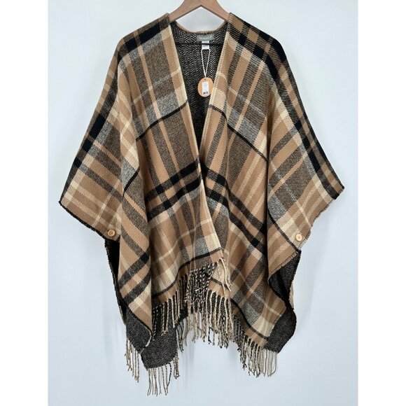 Demdaco Kimono Women OS Camel Plaid Fringe Reversible Fall Pumpkin Patch - Picture 1 of 7